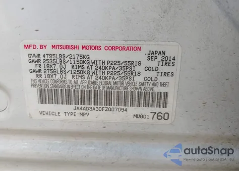 2015 Mitsubishi Outlander Se из США, поврежденный, VIN JA4AD3A30FZ007094